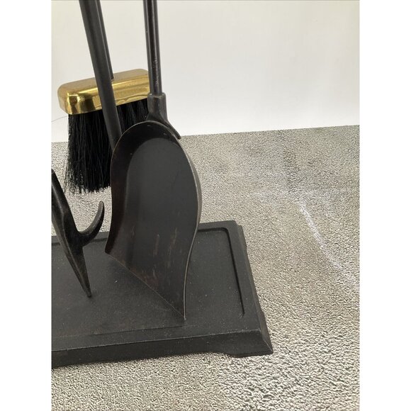 Mid-Century Modern Brass and Iron Fireplace Tool Set 3 Piece w/ stand USA - Picture 3 of 12